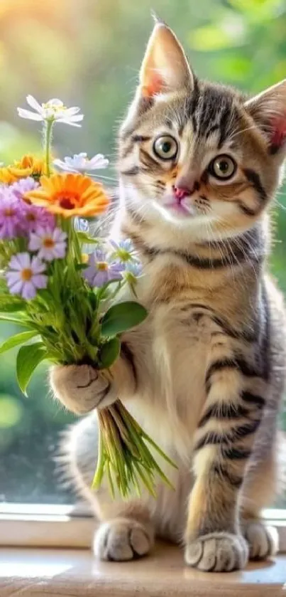 Striped kitten holding a bouquet by a sunlit window.