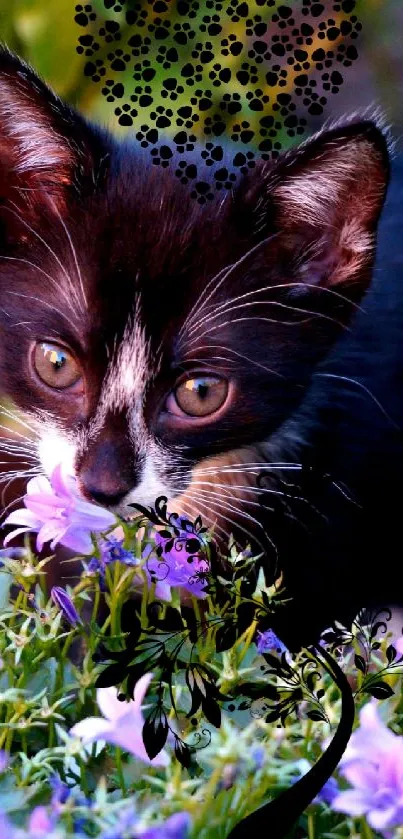 Cute black and white kitten with purple flowers and heart design.