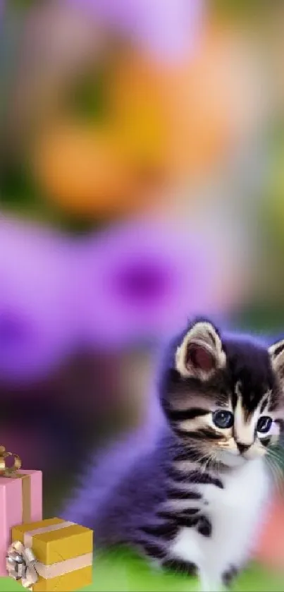 Adorable kitten with colorful gifts in a vibrant nature setting.