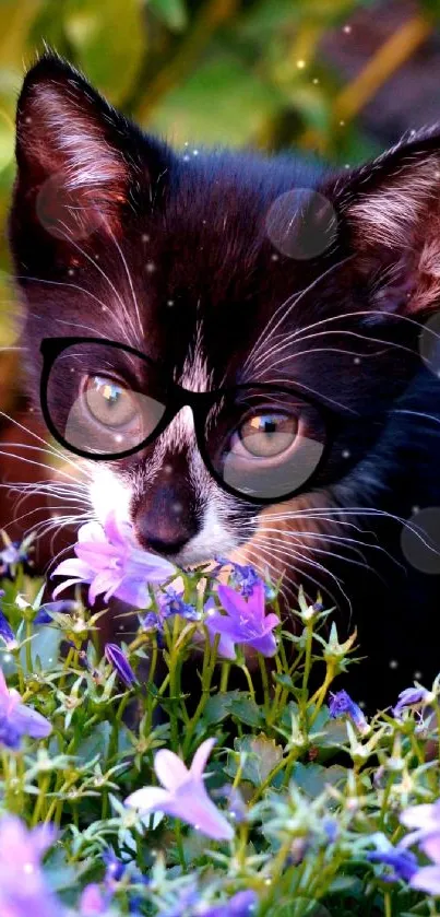 A cute black kitten wearing glasses amidst vibrant purple flowers.