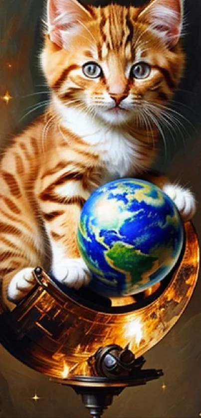 Whimsical art of a kitten holding a globe in space-themed background.