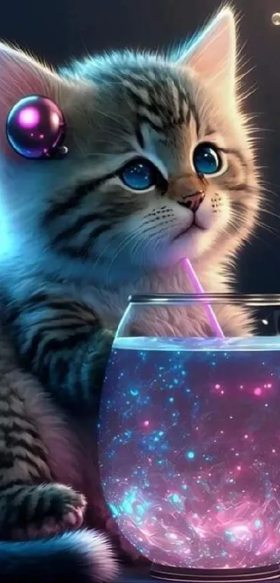 Cute kitten next to a glowing, sparkling drink.