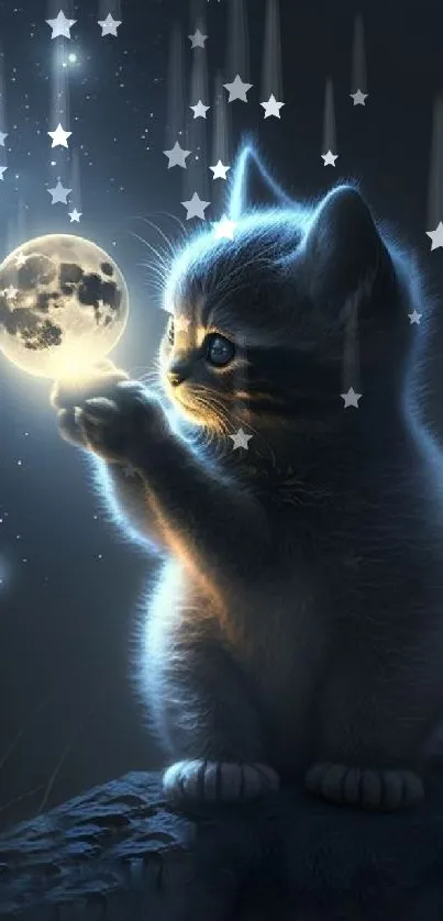 Cute kitten holding a glowing moon with stars in the background.