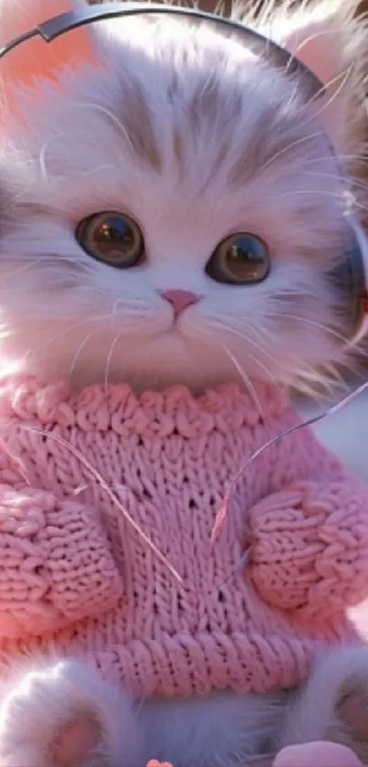 Adorable fluffy kitten with headphones and a pink sweater, perfect for mobile screens.