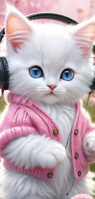 Adorable kitten with headphones in a pink sweater against fluffy flowers.