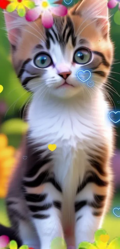 Adorable kitten with colorful hearts and flowers on a mobile wallpaper.