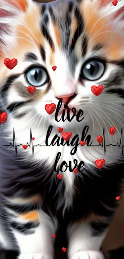 Adorable kitten with heart accents and inspirational words.