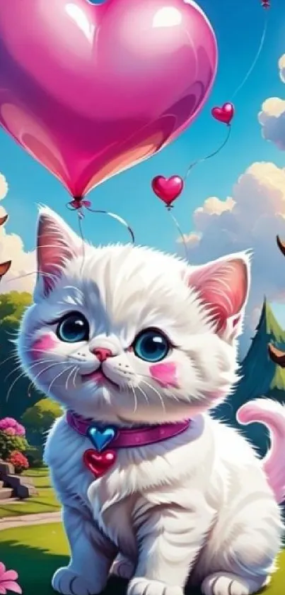 Cute white kitten with pink heart balloon in vibrant setting.