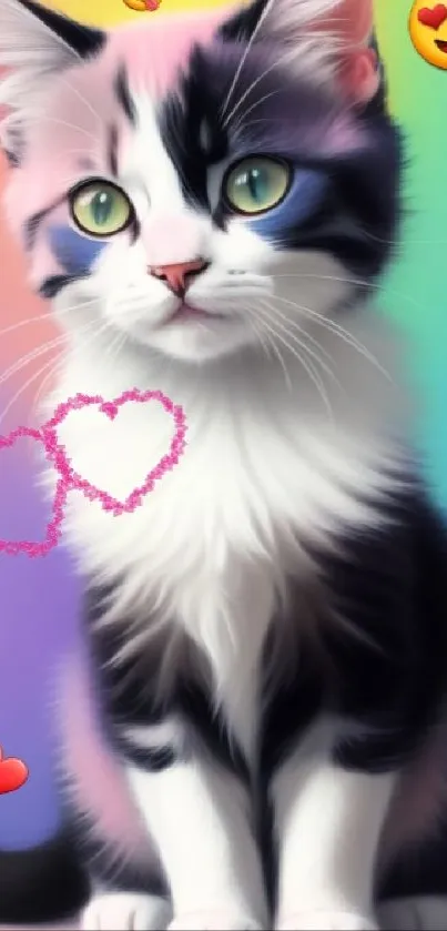 Cute kitten with colorful emojis on a rainbow background.