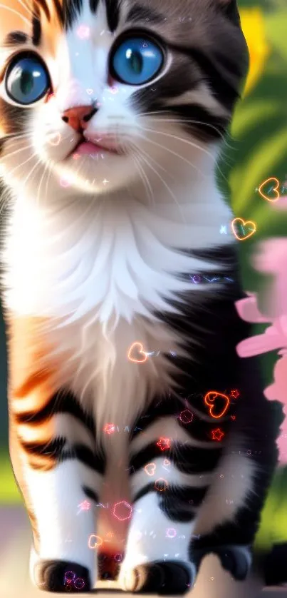 A cute kitten with big blue eyes and glowing heart lights on a mobile wallpaper.