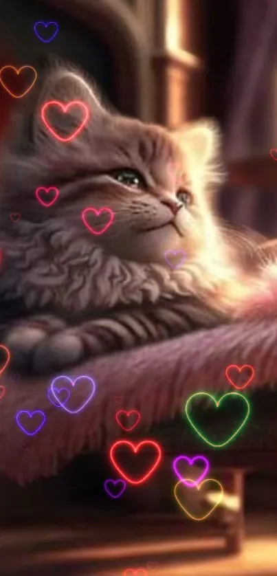 Fluffy kitten with colorful heart lights on fur background.