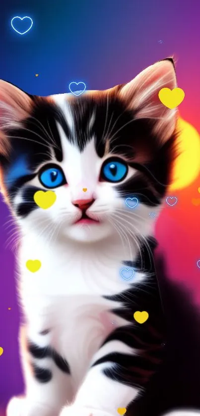 Cute kitten with vibrant blue eyes and heart shapes on a colorful background.