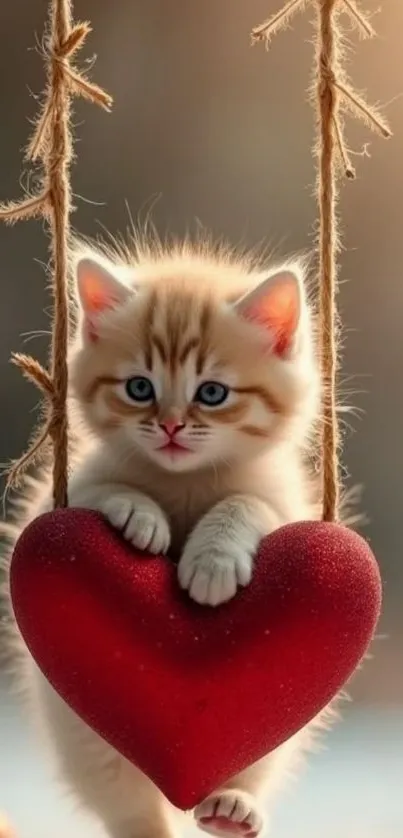 Cute kitten sitting on a red heart swing, looking adorable.