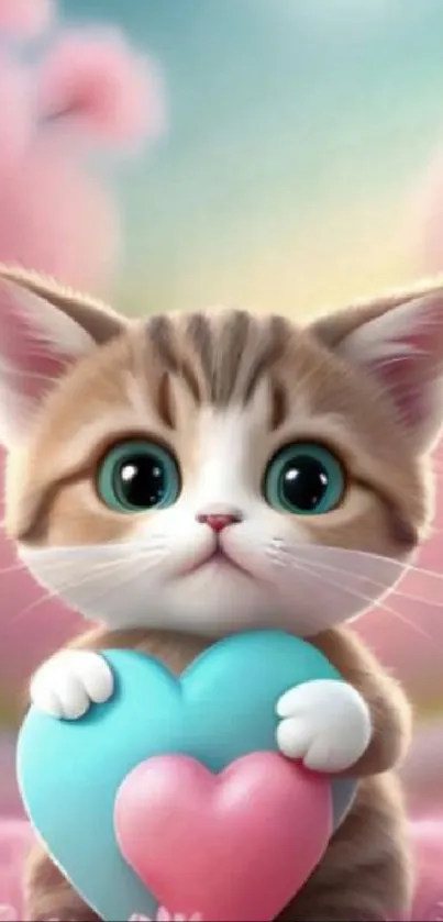 Cute kitten holding a heart with pastel pink background.