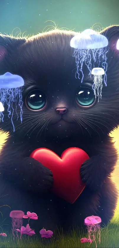 Adorable kitten holding a red heart with glowing jellyfish in a fantasy setting.