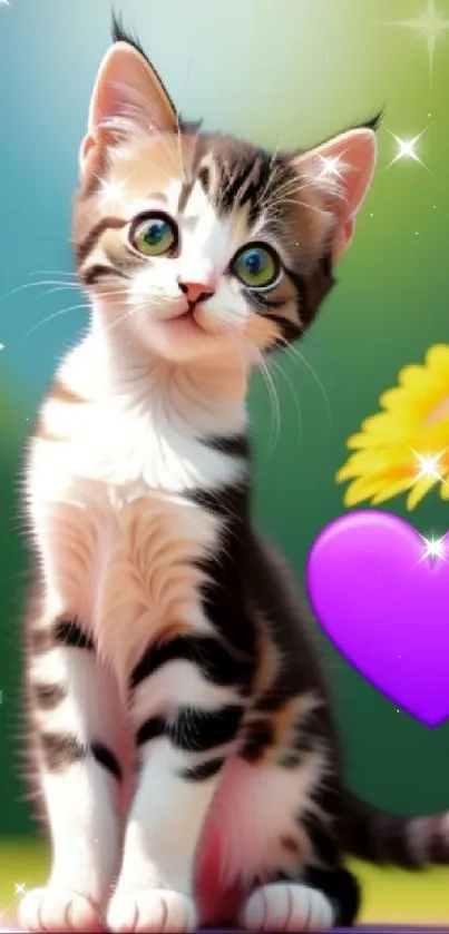 Adorable kitten with colorful heart and flower mobile wallpaper.