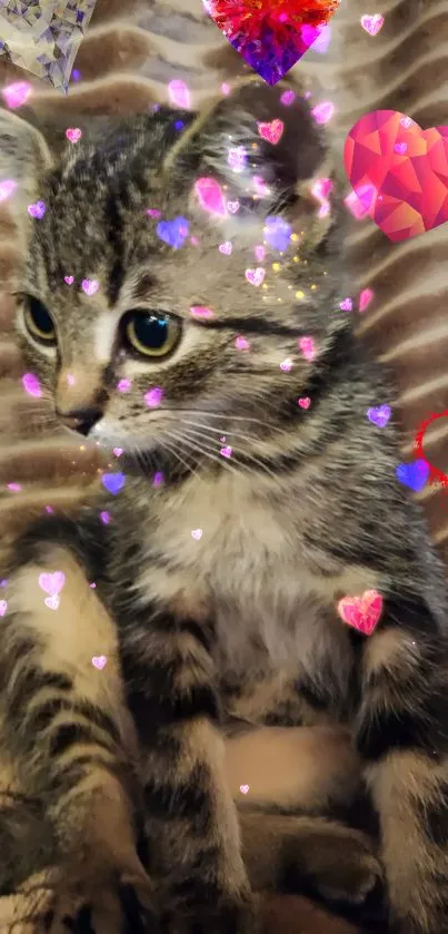 Adorable kitten surrounded by colorful hearts on a soft brown background.