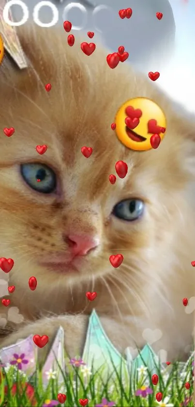 Adorable orange kitten with heart emojis on a lively background.