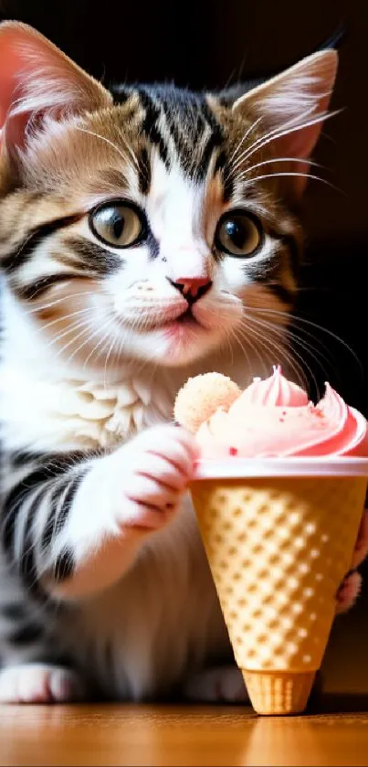 Cute kitten with an ice cream cone against a brown background.