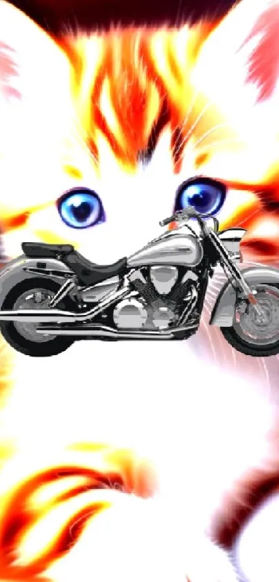 Cute orange kitten with a motorcycle and blue eyes in vibrant artwork.