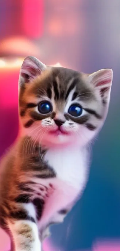 Adorable tabby kitten with a vibrant neon background.