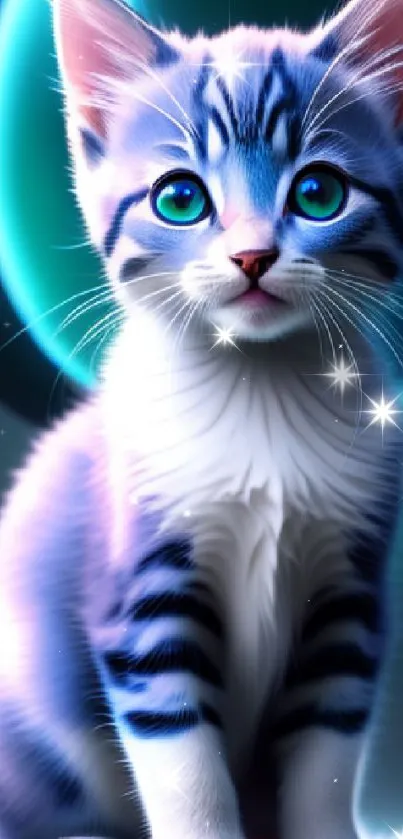 Cute neon kitten with blue eyes sitting elegantly.