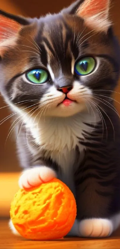 Cute kitten with an orange ball and green eyes in soft lighting.