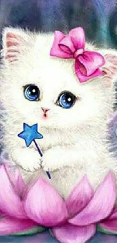 White kitten with pink bow and star wand on a pink lotus.