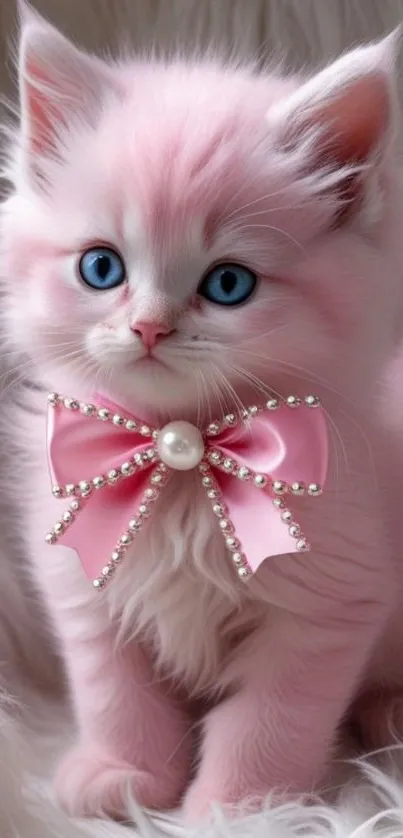 Adorable pink kitten with blue eyes and a bow.