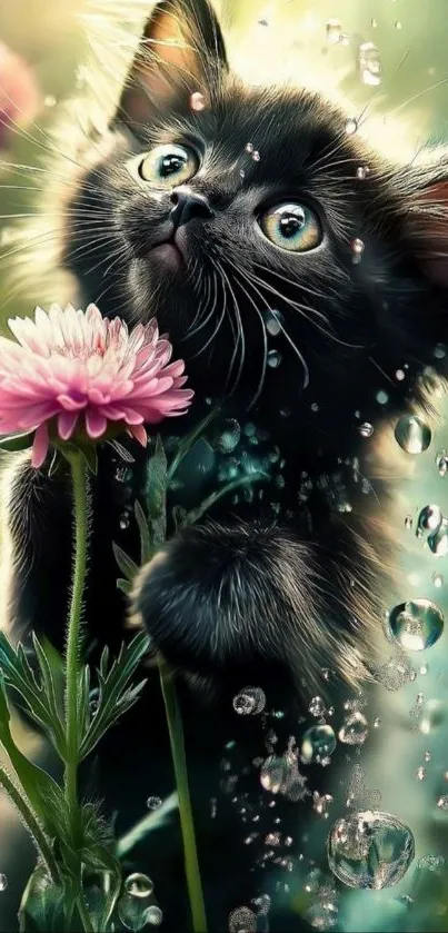Fluffy black kitten cuddling a pink flower under raindrops.