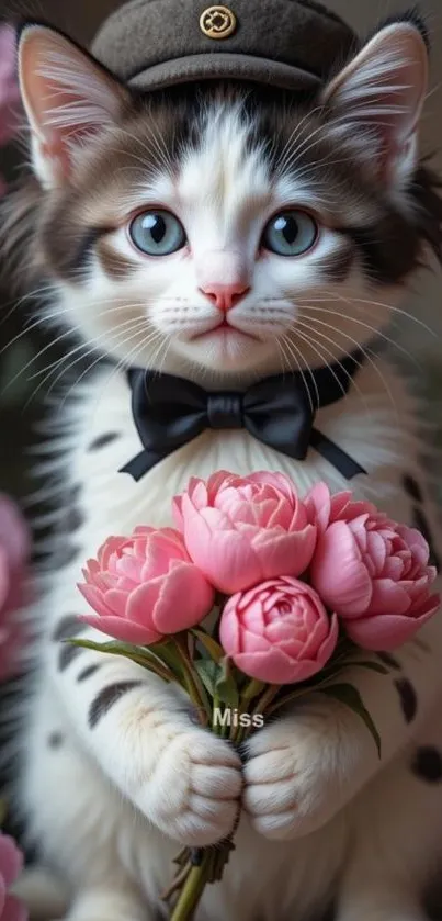 Adorable kitten holding pink flowers and wearing a bow tie.