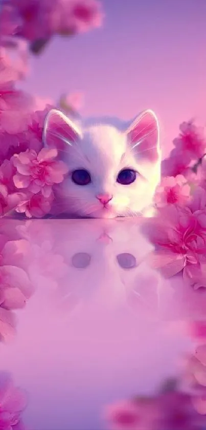 Cute white kitten among pink flowers wallpaper.