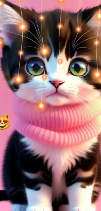 Adorable kitten with pink glow and starry accents.