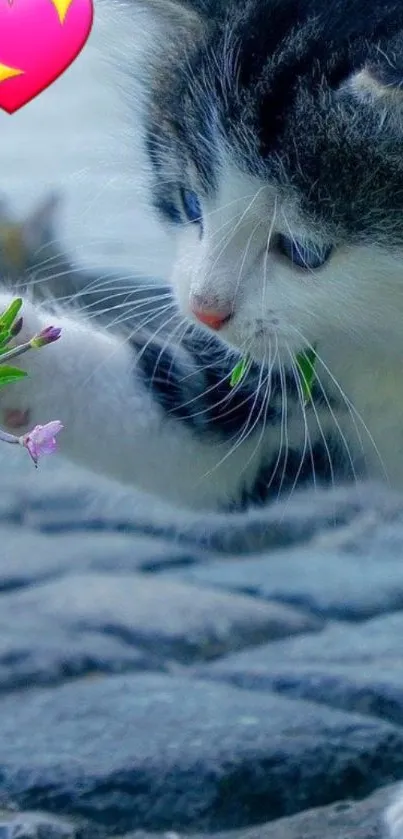 Cute kitten touches flower beside colorful heart icon.