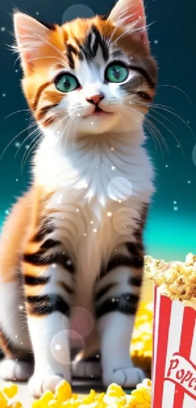 Adorable kitten with popcorn on colorful background.