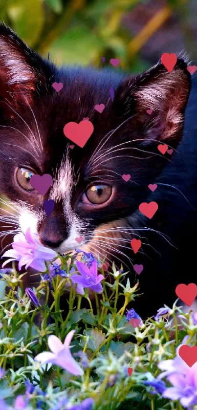 Kitten sniffing purple flowers in a garden setting.