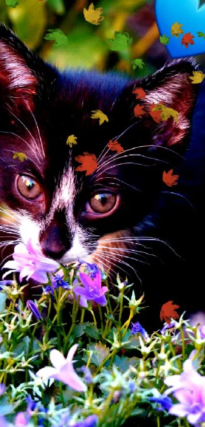 Adorable kitten with purple flowers and a blue heart.