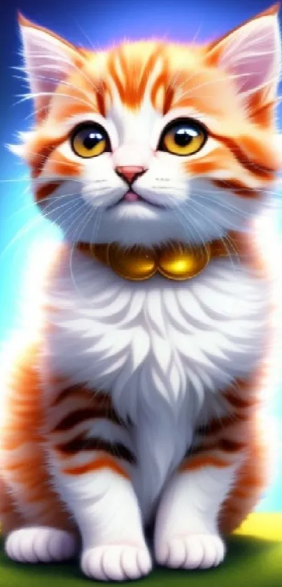 Cute orange and white kitten with big eyes on a bright blue background.