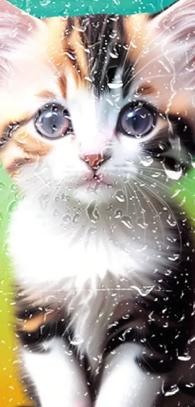 Cute kitten wallpaper with raindrop effect and vibrant colors.