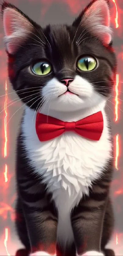 A cute black and white kitten with a red bow tie sitting adorably on a grey background.