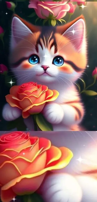 Adorable kitten with a rose mobile wallpaper in vibrant colors.