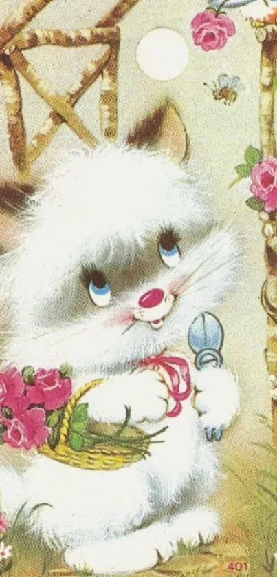 Adorable kitten with flowers and bird in a charming vintage style illustration.