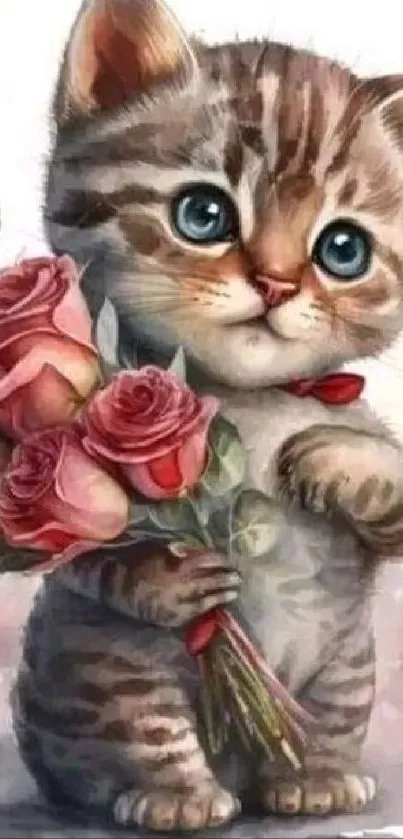 Illustrated kitten holding roses with a heart.