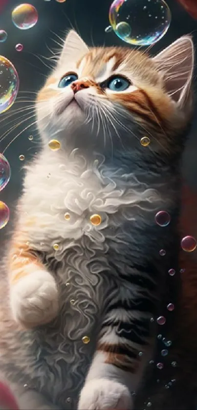 Cute kitten surrounded by colorful soap bubbles.