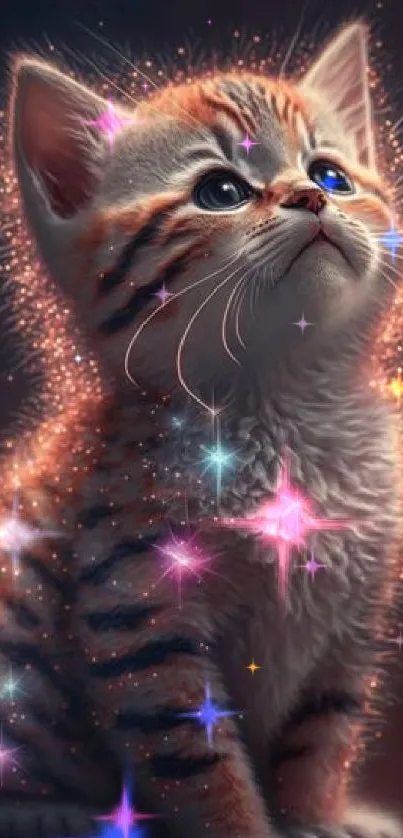 Cute tabby kitten surrounded by magical sparkles, sitting in an enchanting pose.