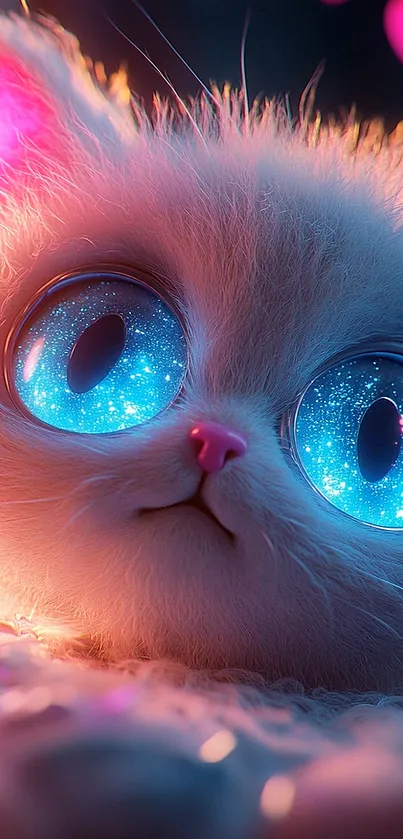 Whimsical kitten with sparkling eyes and heart shapes, perfect for mobile wallpaper.