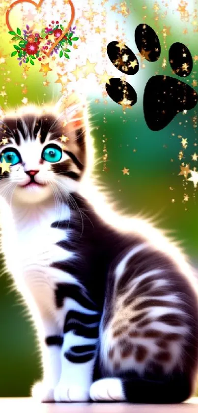 Cute kitten with sparkling accents on colorful background.