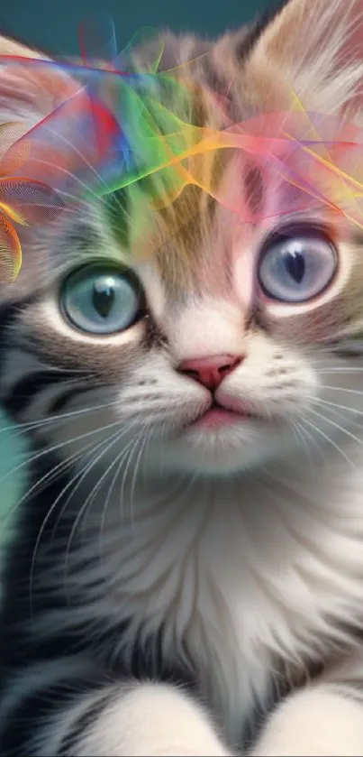 Cute kitten with vibrant, colorful swirls on its head.