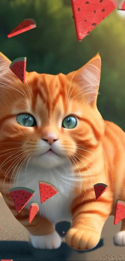 Cute orange kitten with watermelon pieces on a sunny day.