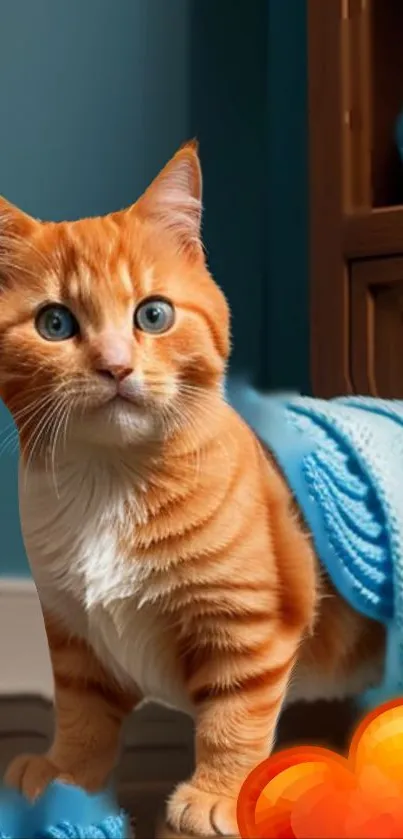 Orange kitten with blue yarn in a cozy room.